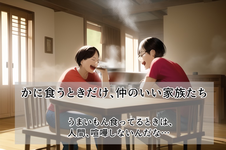 仲良くカニを食べる家族